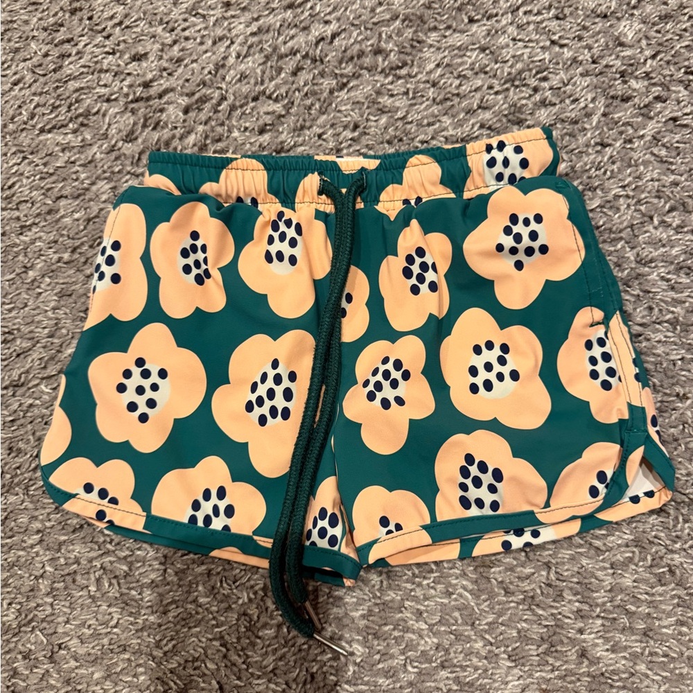 Floral Kids Swim Trunks - Green and Orange